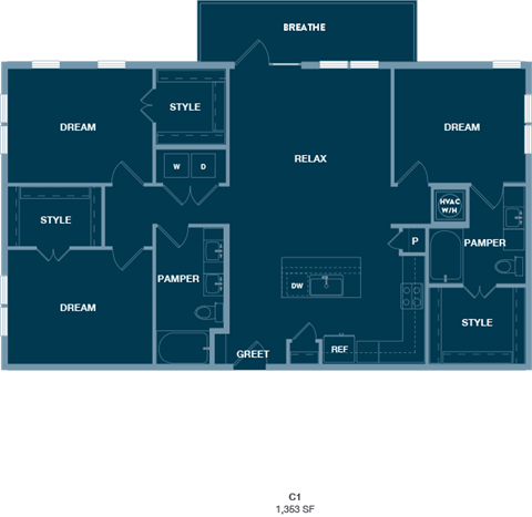 A blueprint of a house layout with labeled rooms such as "BREATHE", "RELAX", "STYLE", "DREAM", "GREET", "REF", "HVAC", "PAM